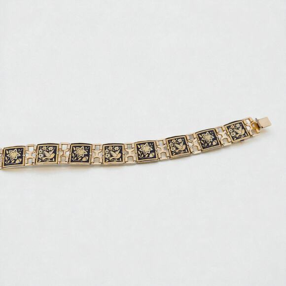 Vintage Damascene Square Link Bracelet Bird Floral Gold Black 8" Etched Spain - Picture 5 of 9